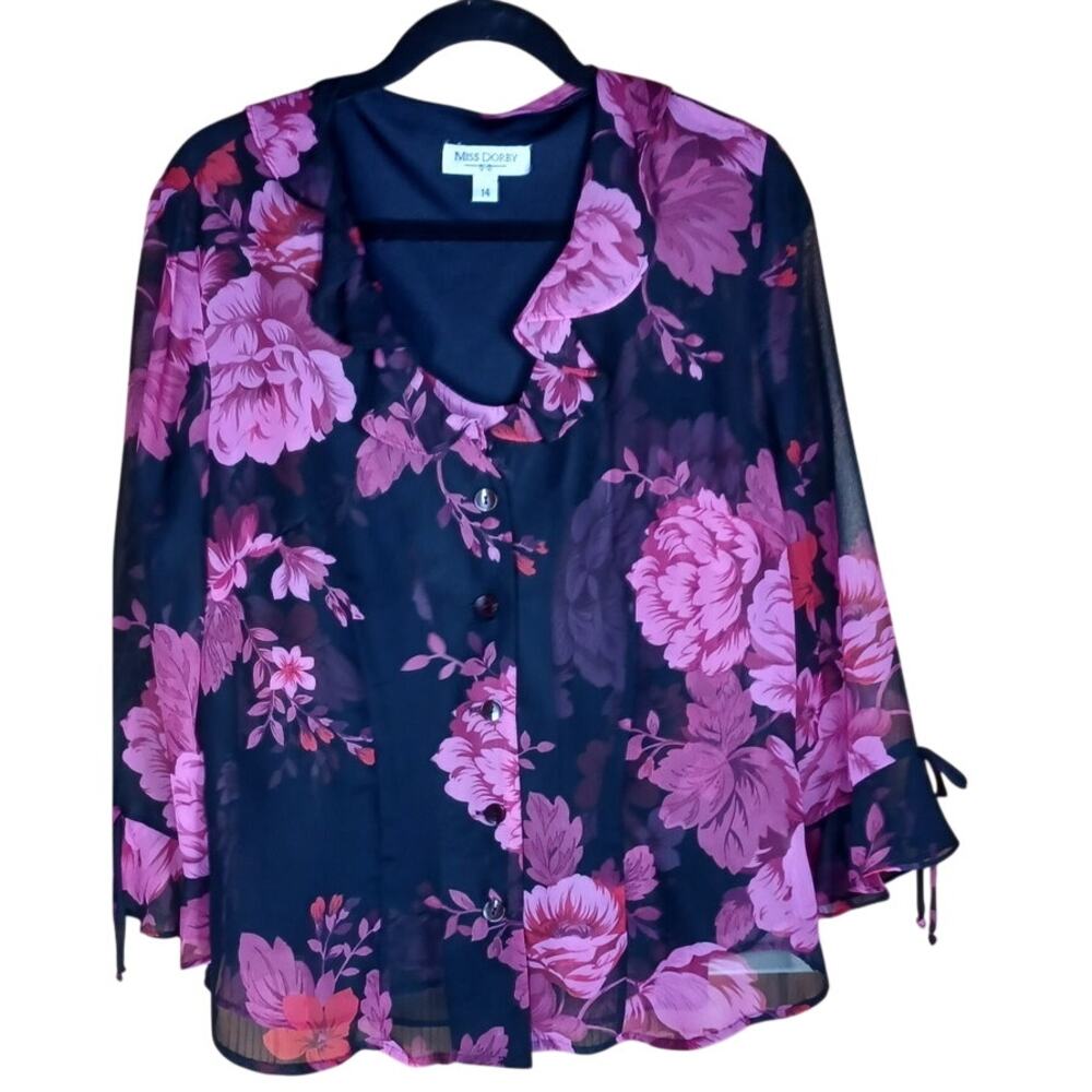 Black Pink Floral Semi Sheer Ruffle Button Up Blouse With Tank Women's Size 14
